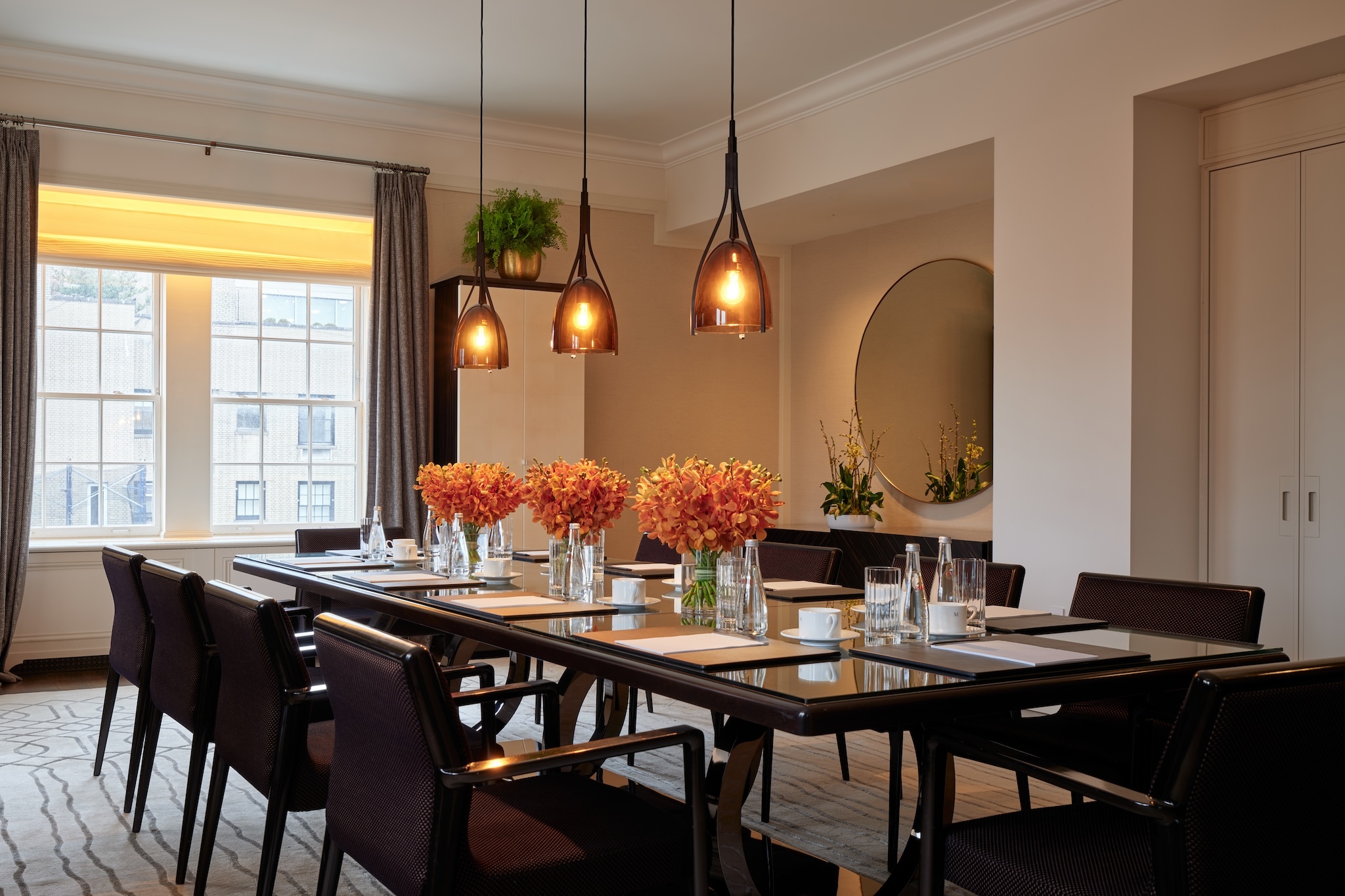A brown table in the penthouse suite