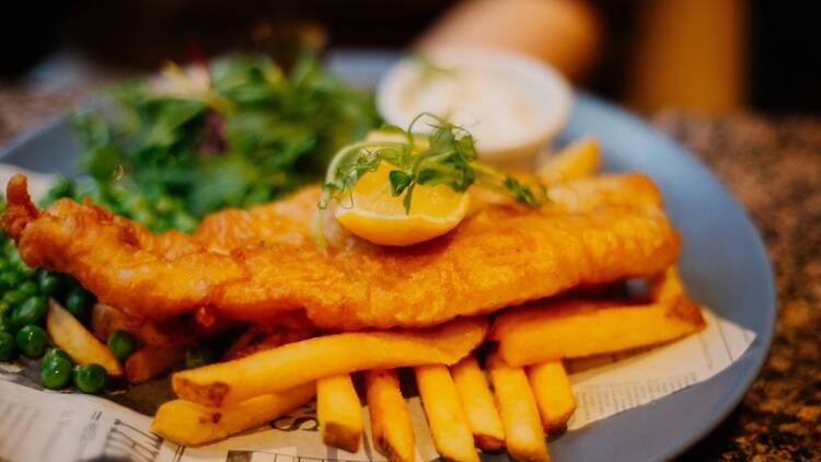 Fish and chips in a restaurant