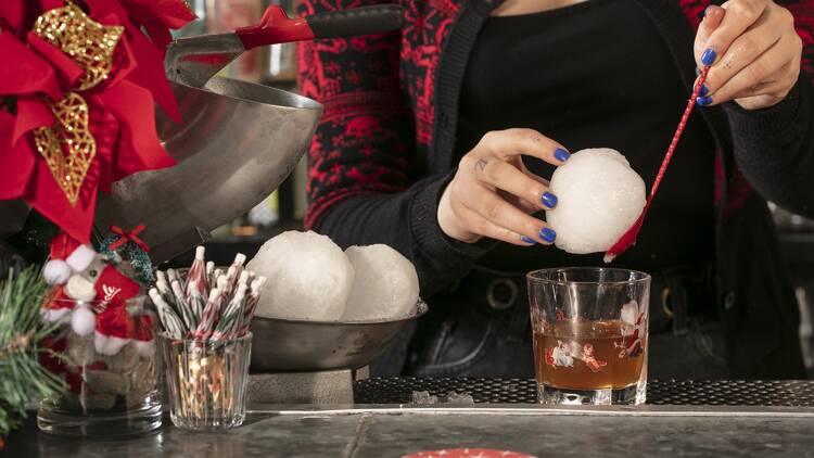 snow ball put into old fashioned drink