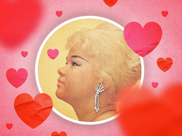 Etta James in a circle surrounded by hearts