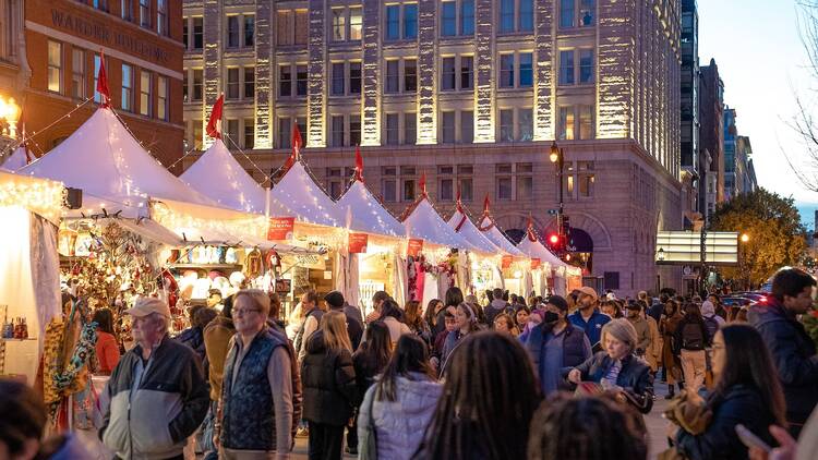 The DowntownDC Holiday Market behind the National Portrait Gallery between 7th St NW & 9th St NW.