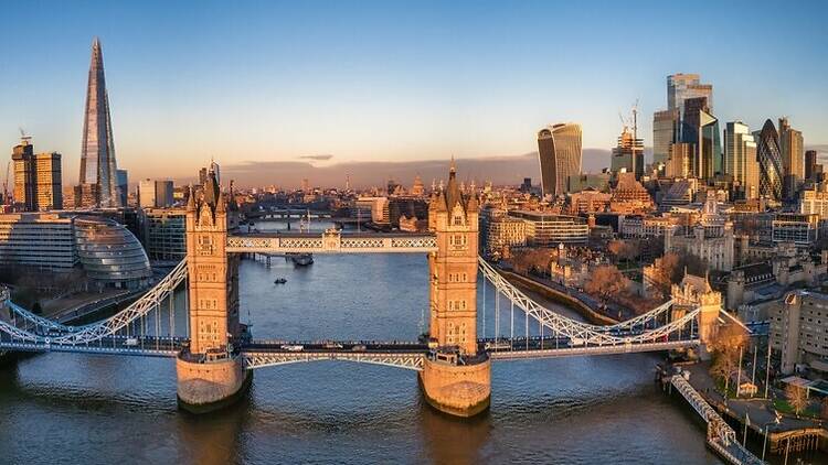 London skyline with Tower Bridge, the River Thames, City of London