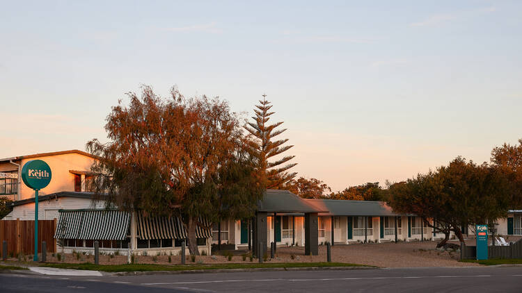 The exterior of the Keith Motel at sunset.