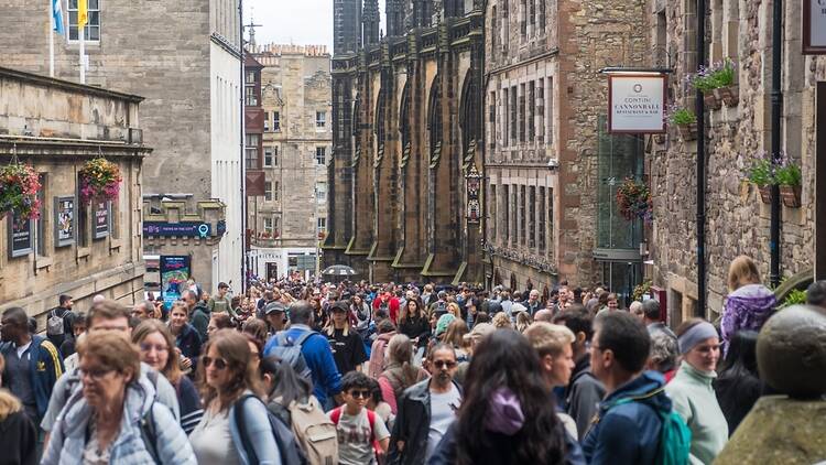 Edinburgh with lots of tourists on the Royal Mile