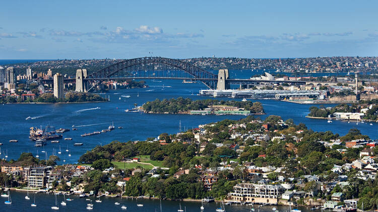 Aerial of Balmain West with views over to the Harbour Bridge and Goat Island