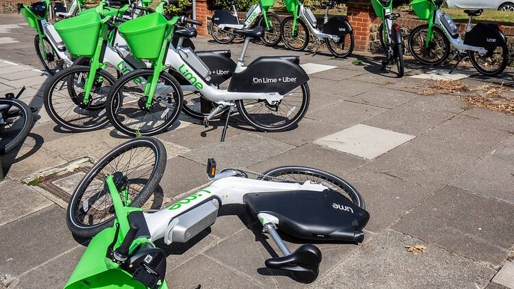 Lime bikes on the pavement parked in London