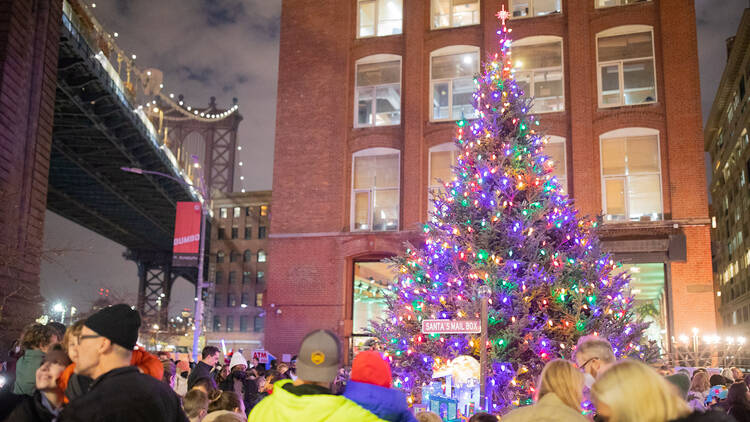 People gather in the shadow of the Brooklyn Bridge to watch a Christmas tree being lit.