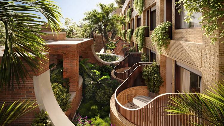 Hotel with lush greenery on balconies