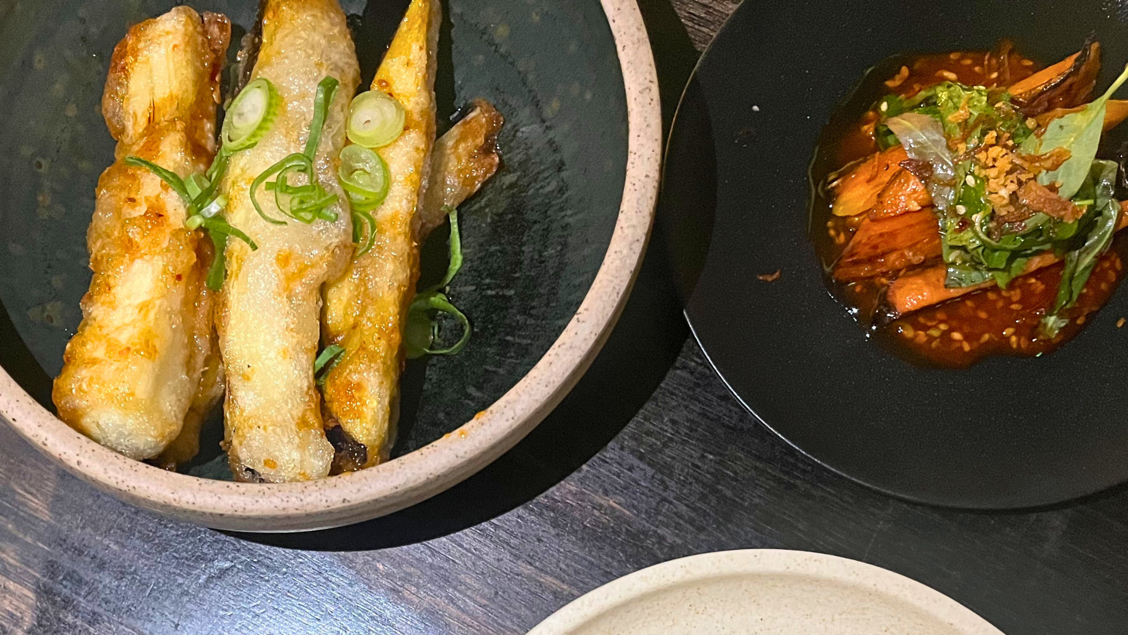 Crispy eggplant with chilli sauce dumpling