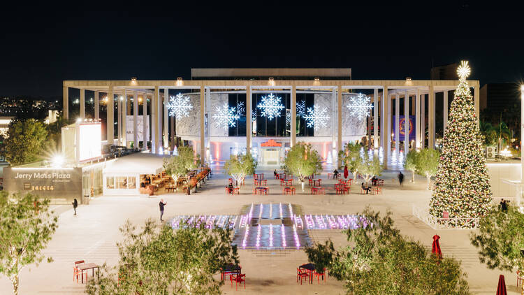 A view of the Music Center, Mark Taper Forum and Christmas tree