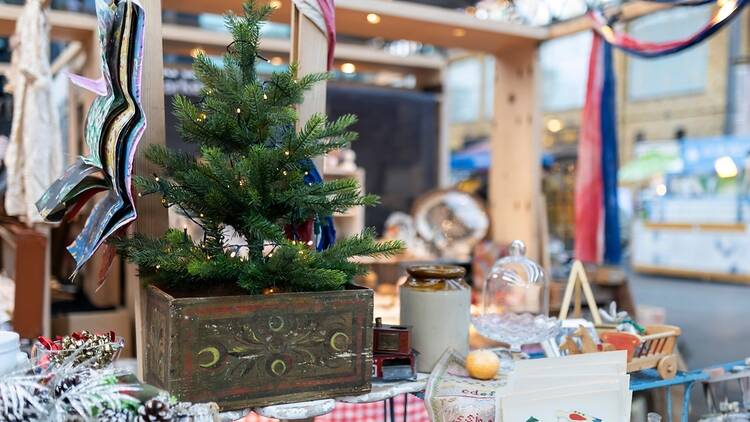 Christmas tree festive display in London at Spitalfields Market