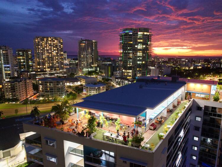 Aerial view of rooftop bar at sunset