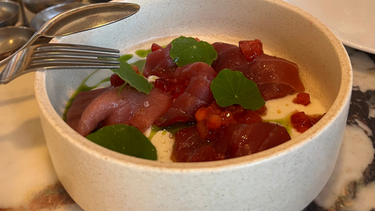 Lagotto's tuna crudo with strawberries and kefir.