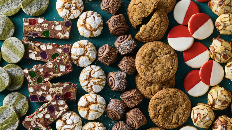 An array of seven different types of Christmas cookies from New York Times Cooking.