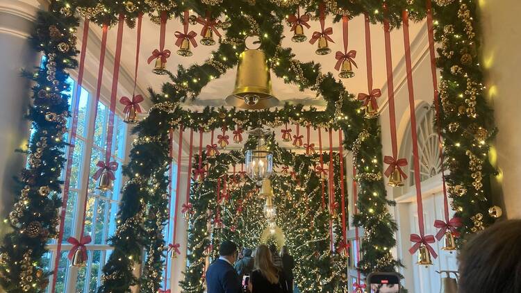 The East Colonnade at The White House decked out in brass bells.