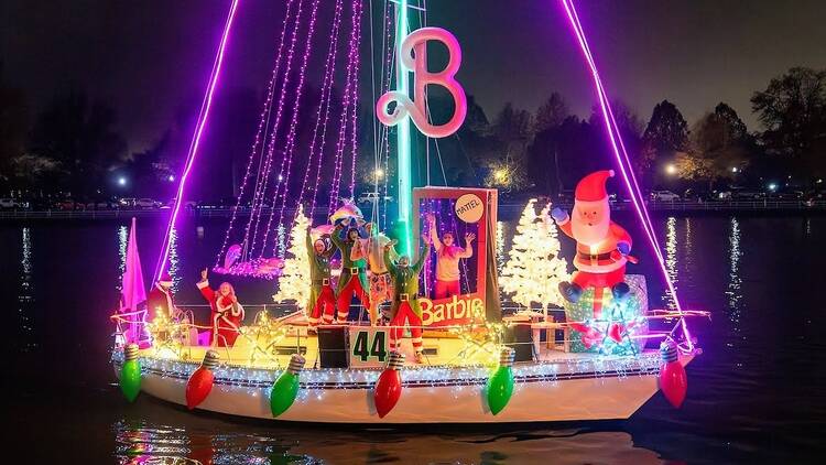 A Barbie-themed boat at the 2023 Holiday Boat Parade at The Wharf in Washington, D.C.