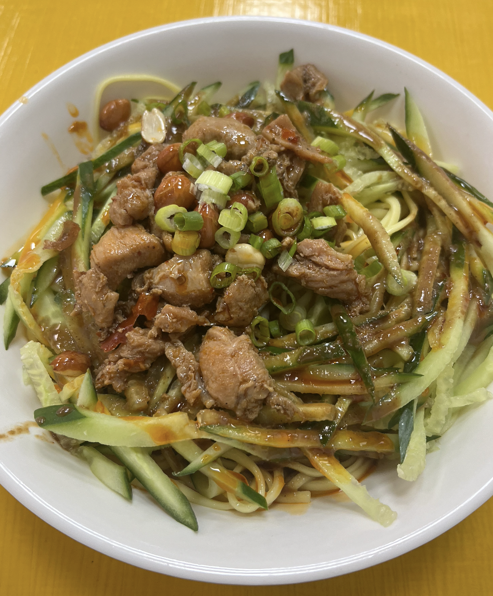 Dry spicy chicken rice noodles at Burp Bowl Cafe