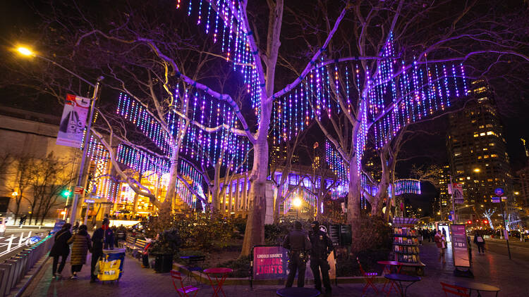 Trees illuminated with purple lights.