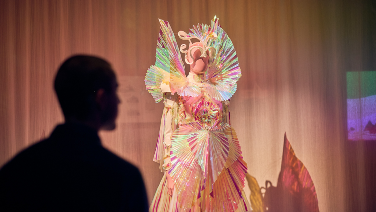 An elaborate iridescent pleated dress worn by Bjork on display at ACMI 