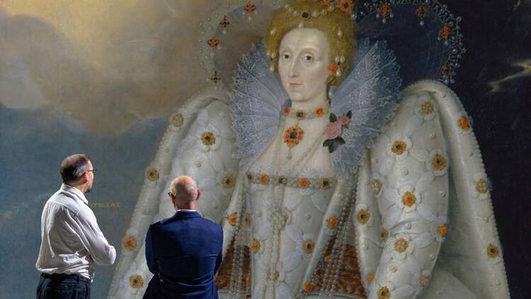 Frameless, Queen Elizabeth I (‘The Ditchley Portrait’) by Marcus Gheeraerts the Younger  (circa 1592), National Portrait Gallery, London.