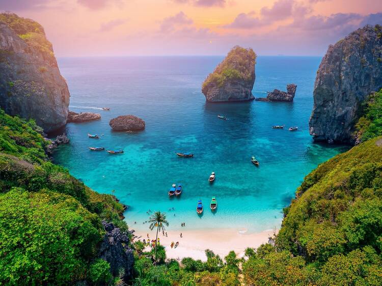 Aerial drone Landscape Turquoise lagoon Nui beach koh Phi Phi Don island, Krabi, Thailand.