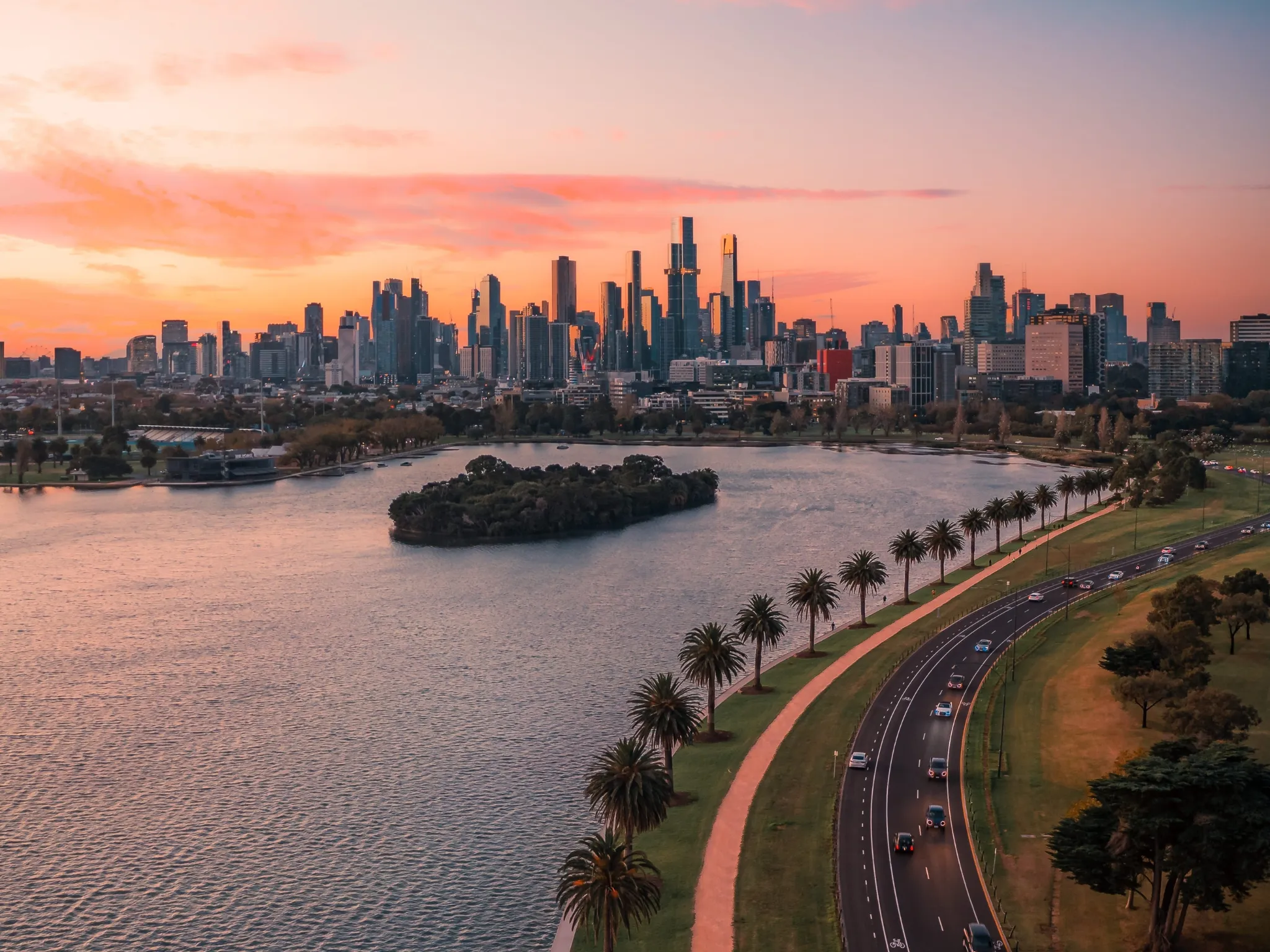 Aerial view of Melbourne city and river at sunset