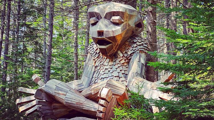 Famous Giant Wooden Trolls at Coastal Maine Botanical Gardens in Boothbay, Maine USA