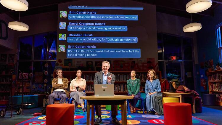 Thomas Middleditch, Amber Gray, Bill Irwin, Chelsea Yakura-Kurtz, and Jessica Hecht in Manhattan Theatre Club’s Broadway premiere of Eureka Day by Jonathan Spector, directed by Anna D. Shapiro