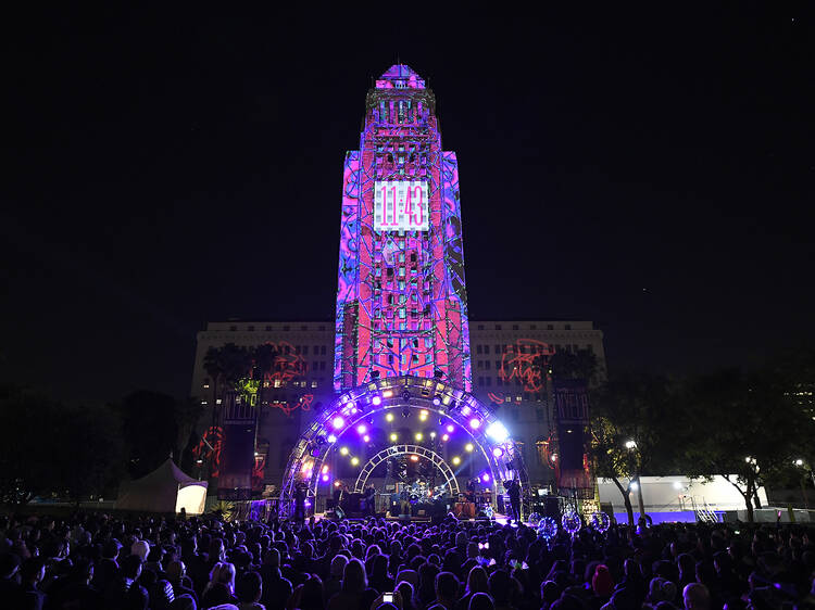 City Hall with a projected countdown at N.Y.E.L.A. at Gloria Molina Grand Park.