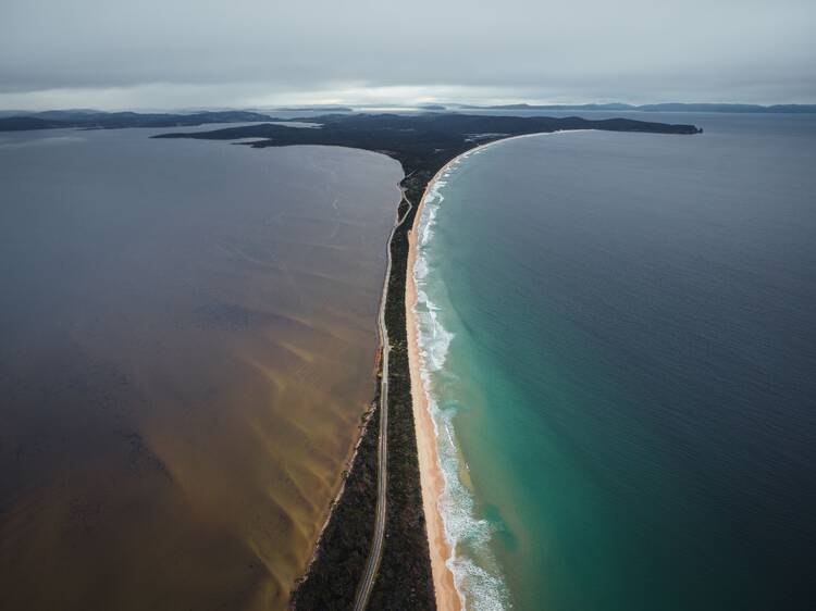 Aerial shot of The Neck on Bruny Island