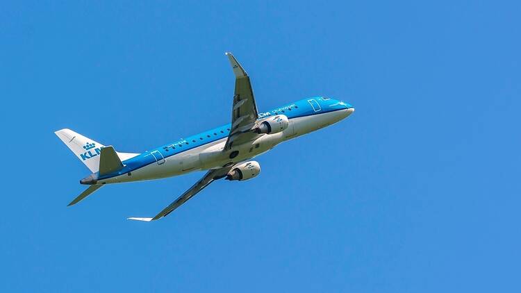 KLM plane in the air over Newcastle, England