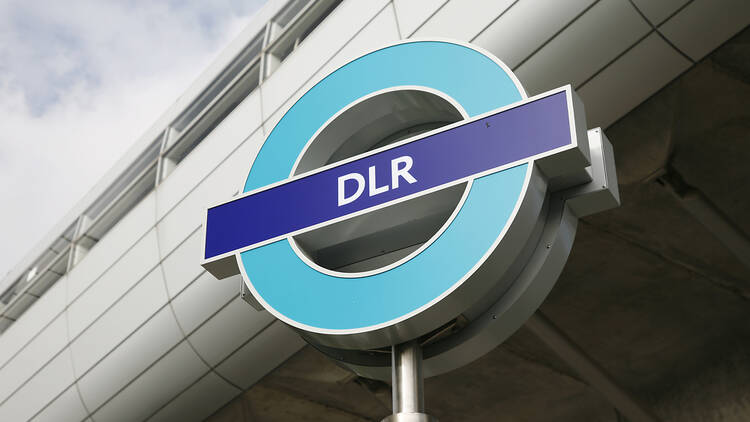 A sign for the Docklands Light Railway (DLR) in London