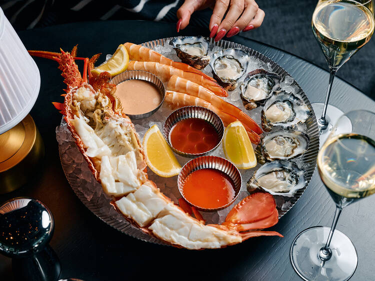 Seafood platter and wine.