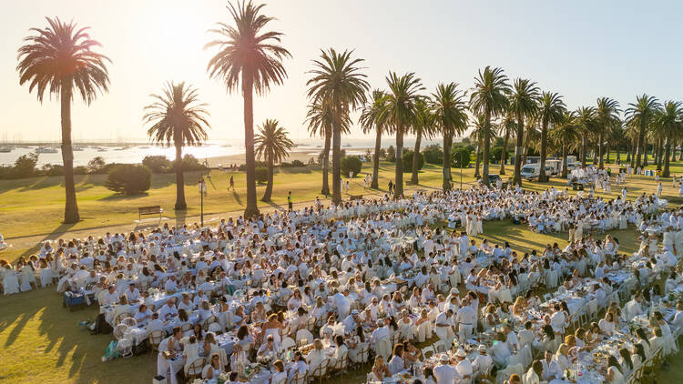 Rows of tables at Le Dîner en Blanc in St Kilda.