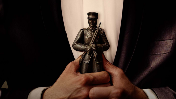 A man in a suit holds a solider statue against his chest