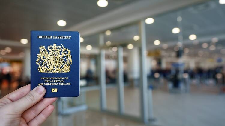 UK passport at border control in an airport