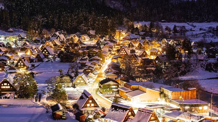 Night view of Shirakawa-go, Japan in winter