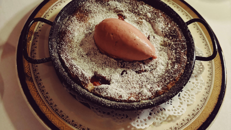 Strawberry and pistachio clafoutis.