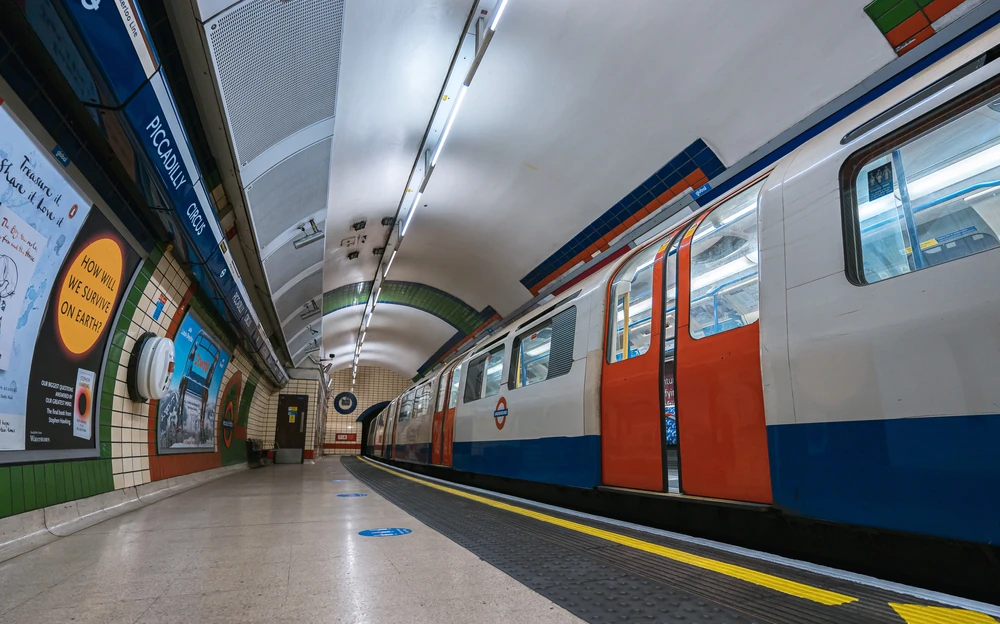 A Piccadilly line train at Piccadilly Circus station in London