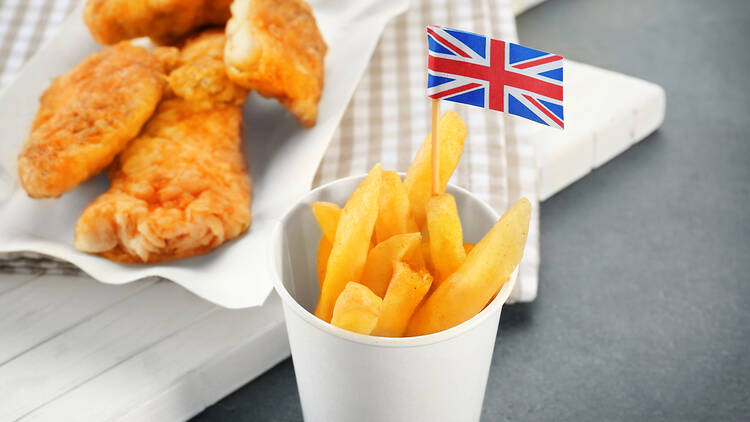 Fish and chips in the UK with a Union Jack flag