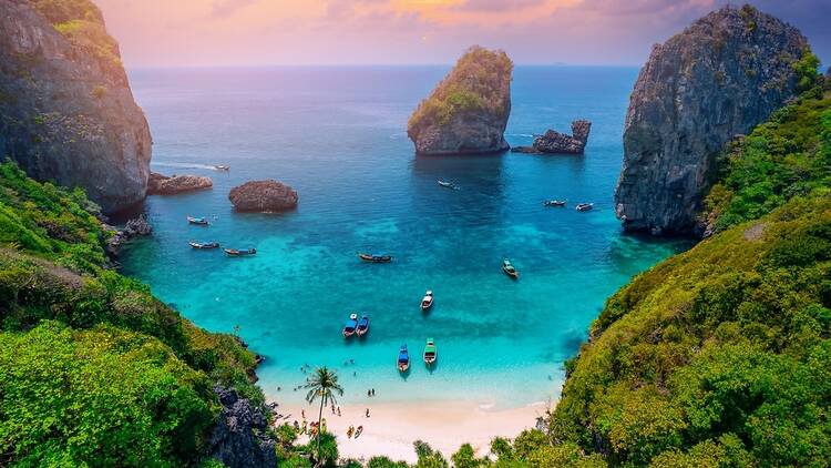 Aerial shot of Nui beach, Koh Phi Phi, Thailand