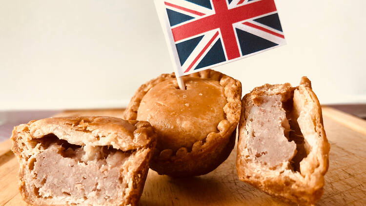 British pork pie with a UK flag