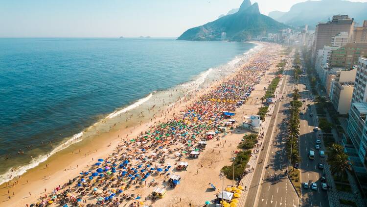 Crowded Ipanema Beach in Rio de Janeiro Aerial View on a Hot Sunny Day