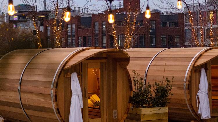 Cedar saunas outdoors.