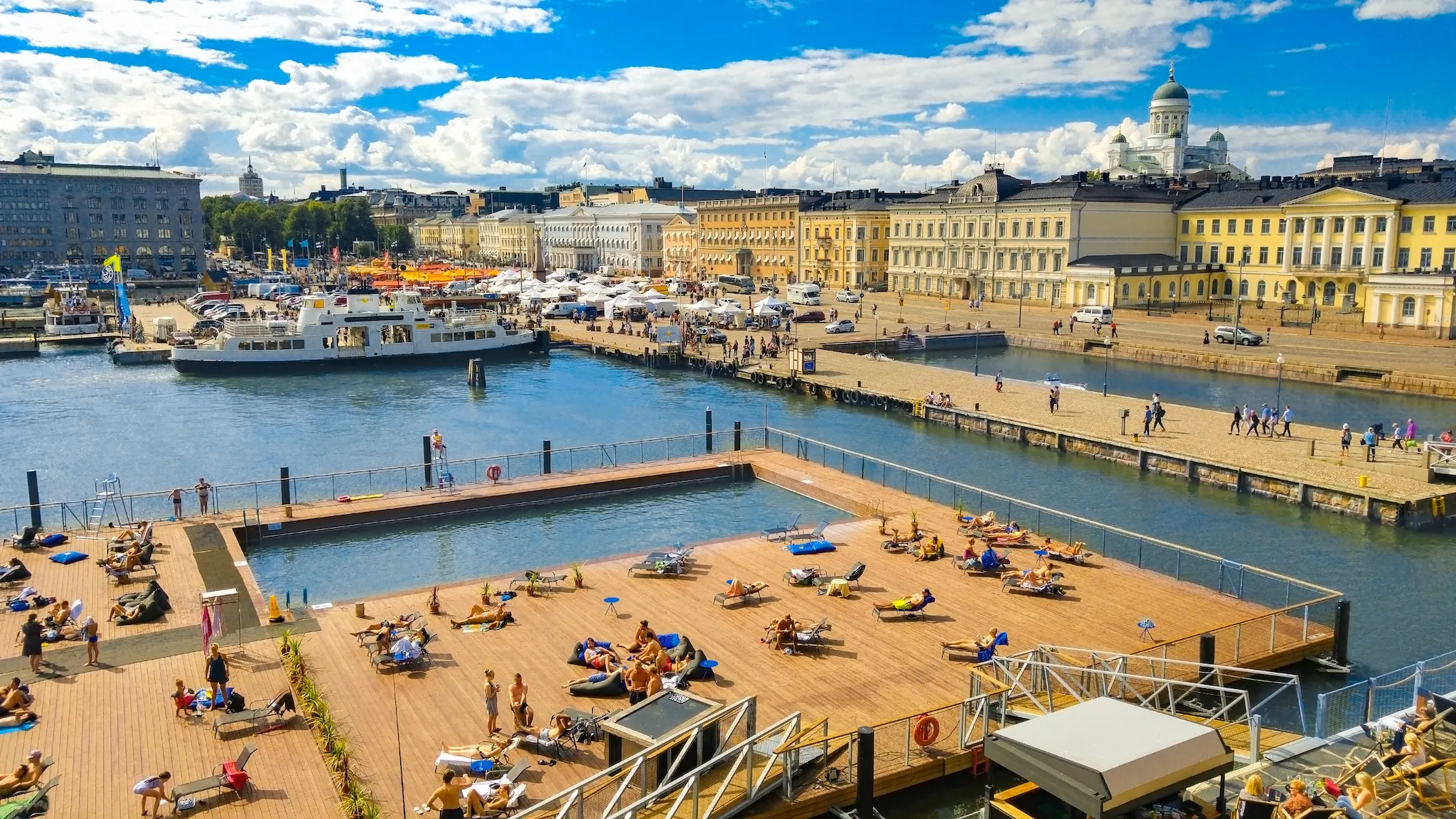 Aerial view of Helsinki, Finland, Allas Sea Pool, Market Square, Presidental Palace and behind Helsinki Lutherdal Catetral