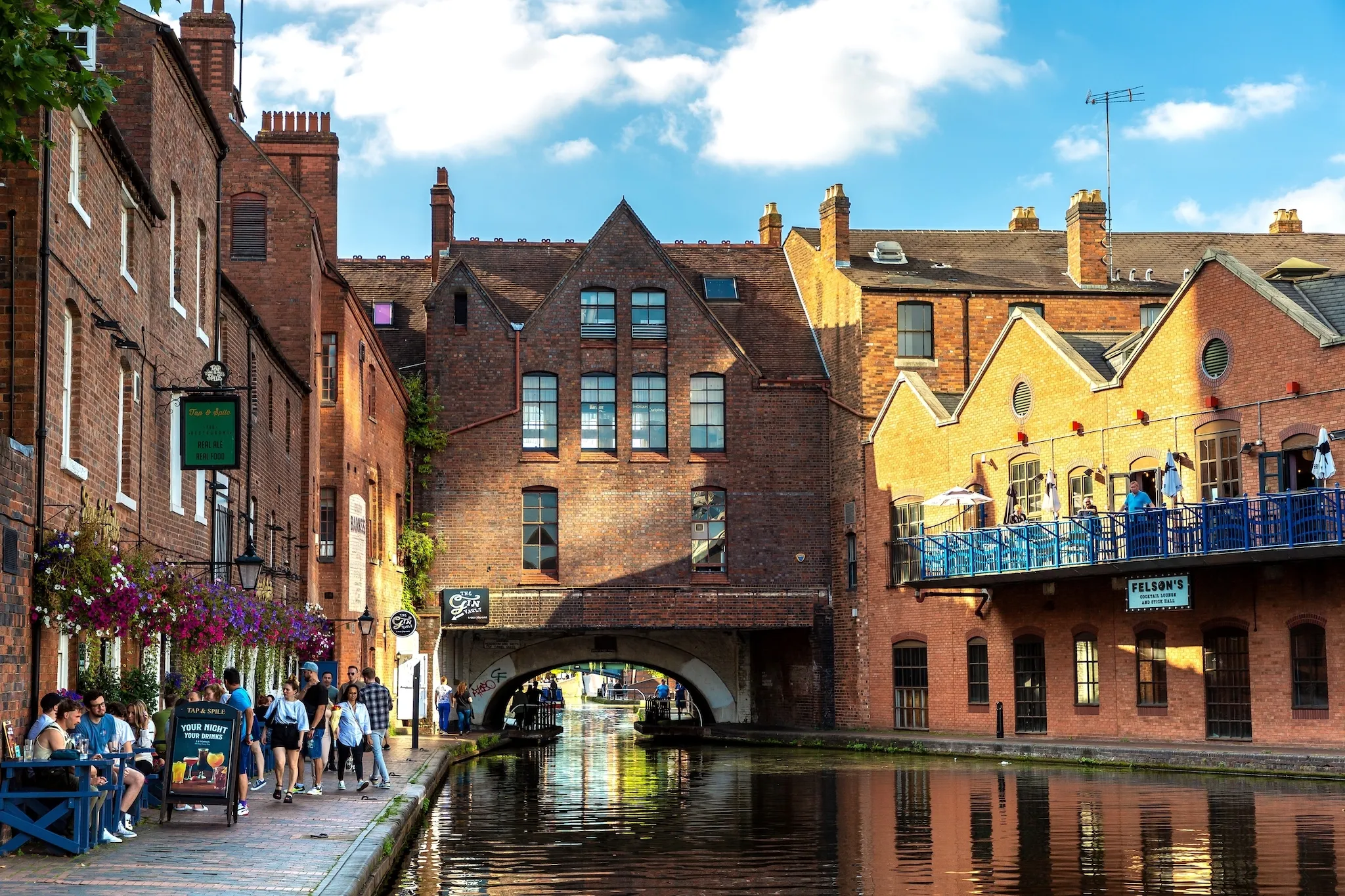Birmingham water canals in a sunny day in Birmingham, England, United Kingdom