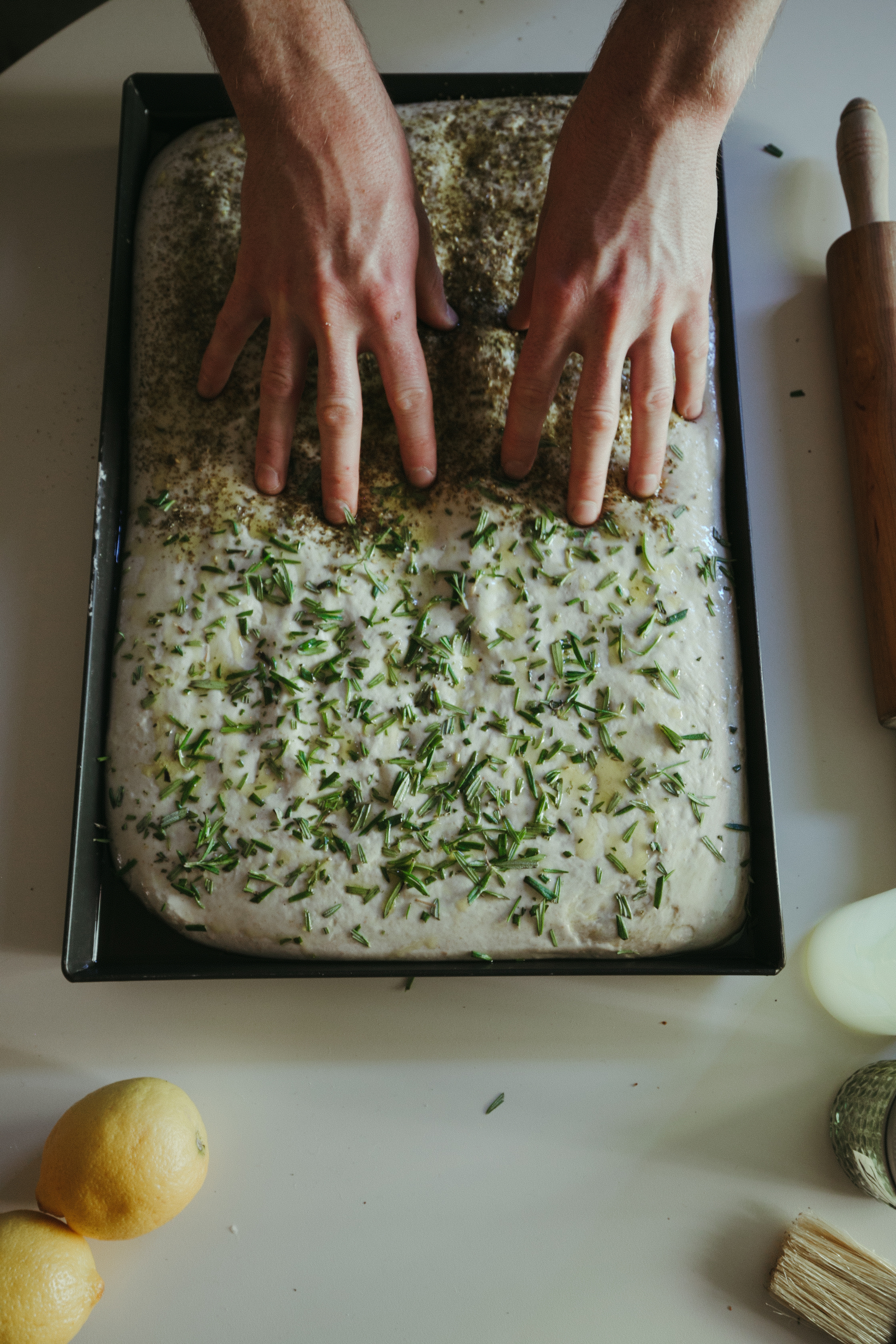 Focaccia dough being prepared