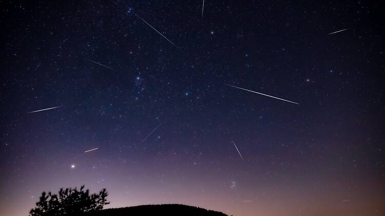 Meteor shower in a clear night sky