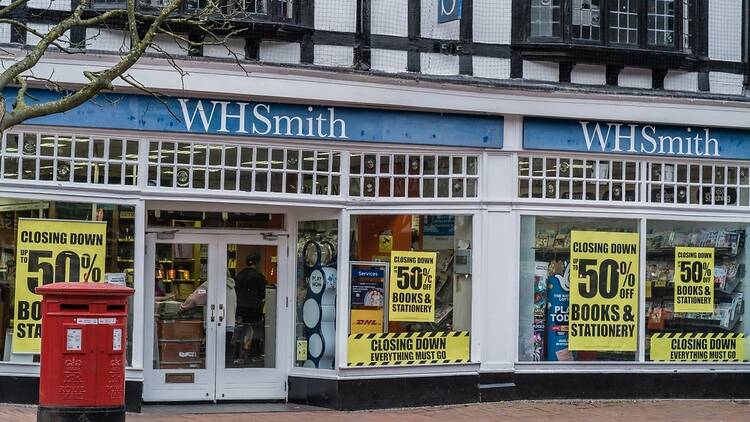 WH Smith in Nantwich, Cheshire, with closing down signs