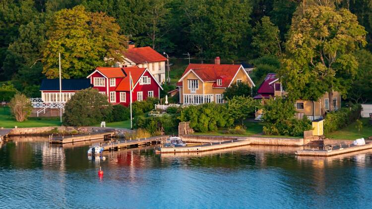 Stockholm, Sweden - Aug 23, 2023: Typical sweden wooden properties on the islands of the Stockholm Archipelago in the Baltic Sea in Northern Europe